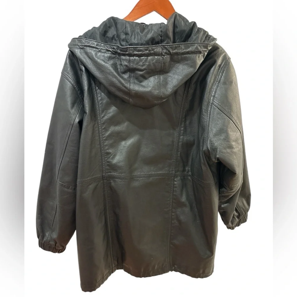 90s MIDDLEBROOK PARK HOODED BLACK LEATHER JACKET OVERSIZED GOTH ROCKABILLY SZ L - Picture 5 of 9